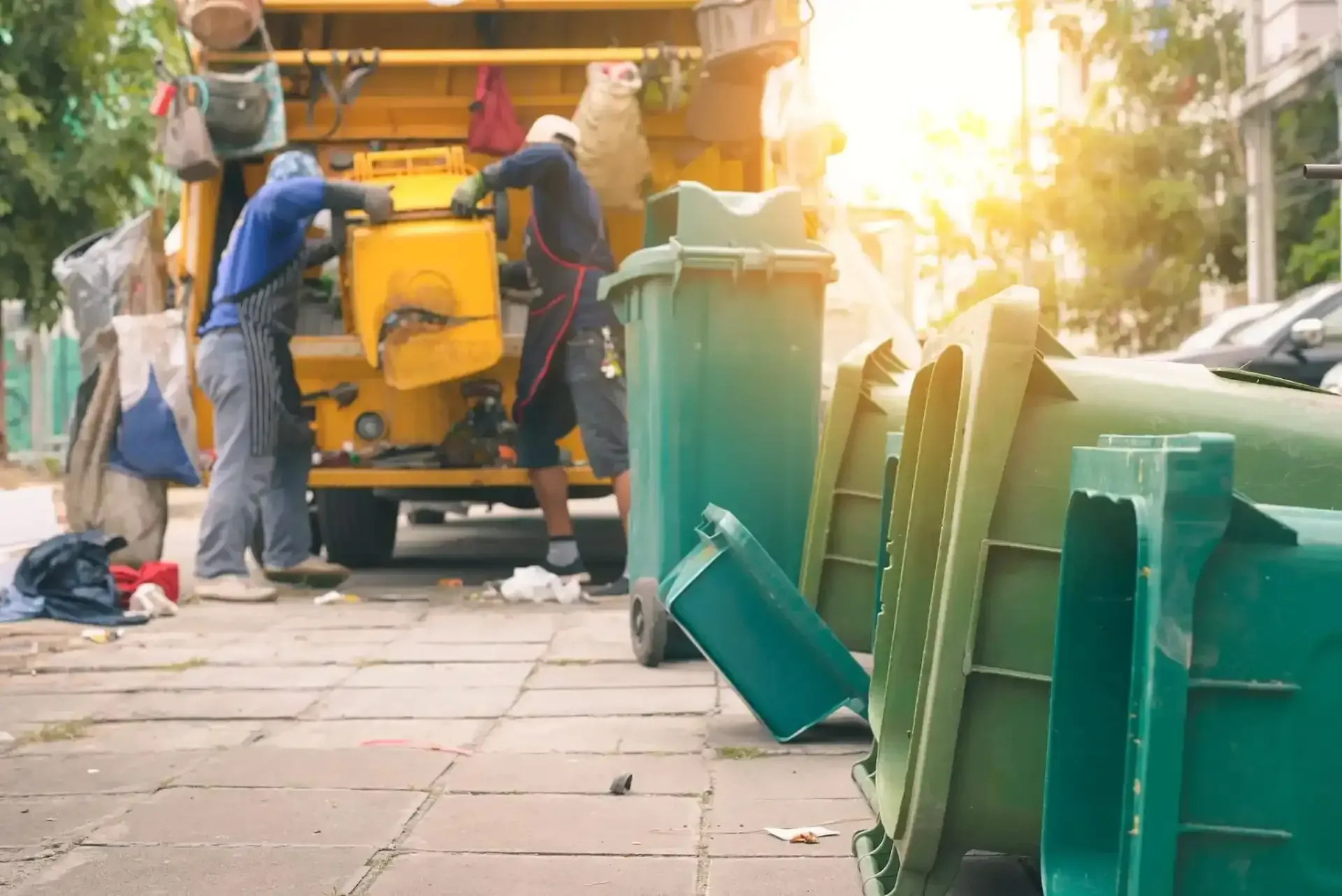 Workers emptying a yellow garbage truck beside green bins on a sunny sidewalk