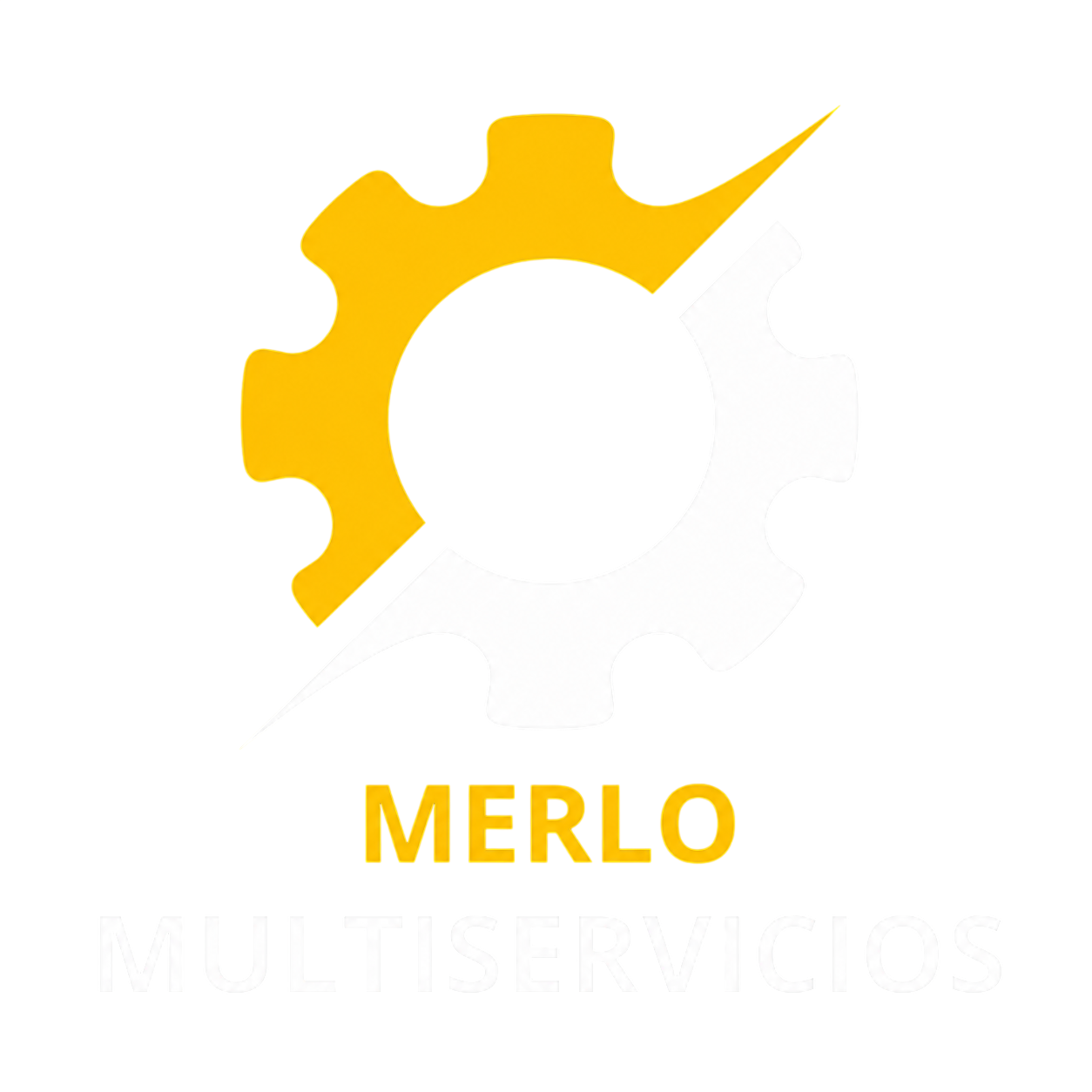 Logotipo amarillo de MERLO con un engranaje estilizado y una flecha curva sobre un fondo blanco.