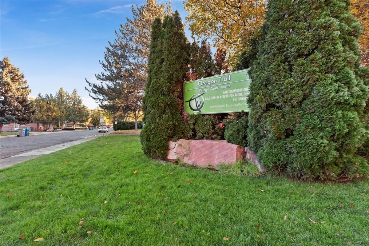 Green lawn with a sign for