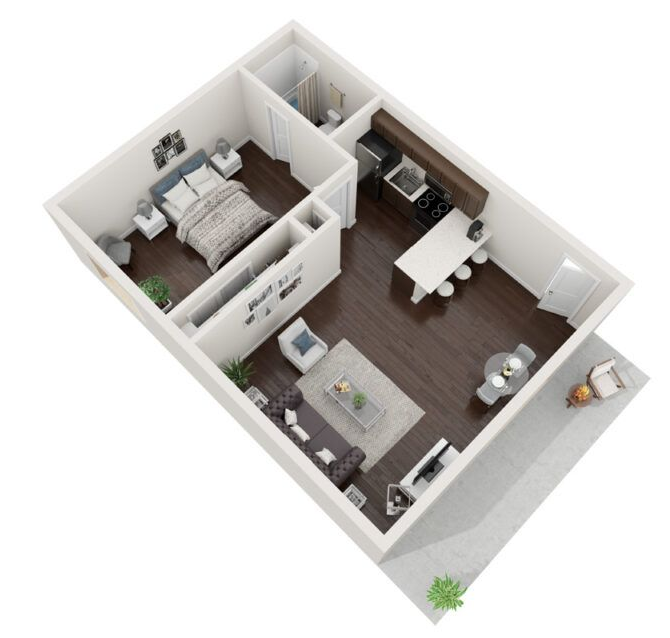 Floor plan of a one-bedroom apartment with kitchen, living area, bedroom, and patio.