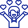 Person with open arms surrounded by heart icons in blue line art