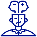 A blue line icon of a man with a mask on his face.