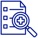 Blue outline document with checklist and magnifying glass containing a medical cross icon