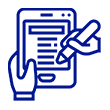 Hand holding a checklist with a pen, blue outline icon of form review or editing