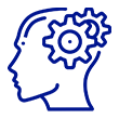 Blue line icon of a human head with a gear inside, representing thinking or mental settings