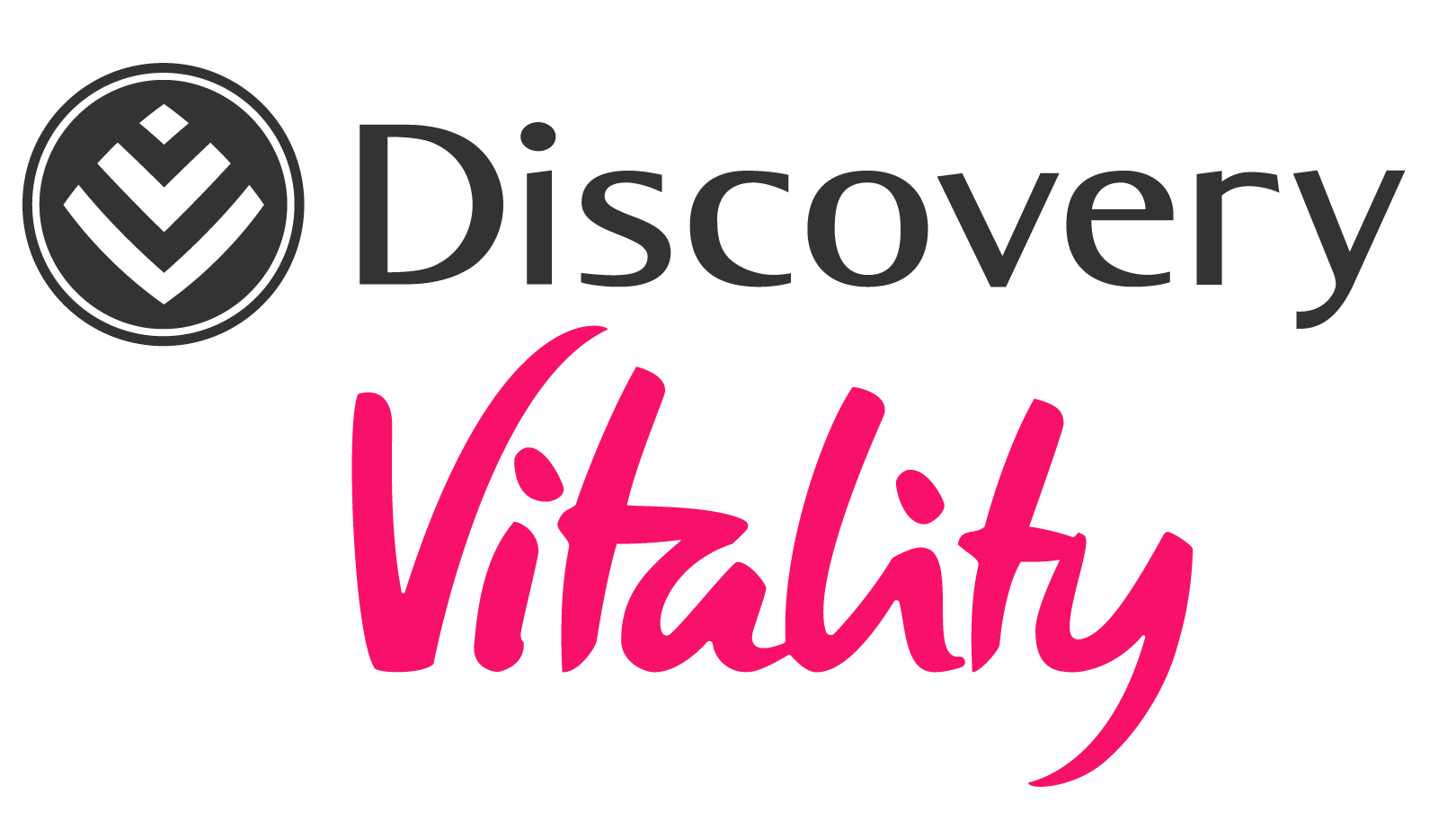 Discovery Vitality logo. Black and white logo in a circle, and pink 