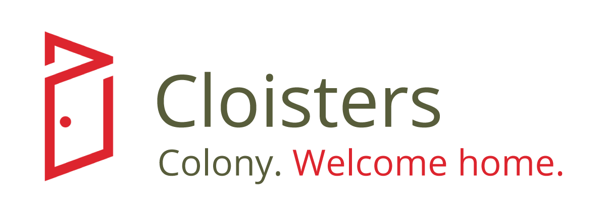 Cloisters Colony logo with red door icon and the tagline “Welcome home.”