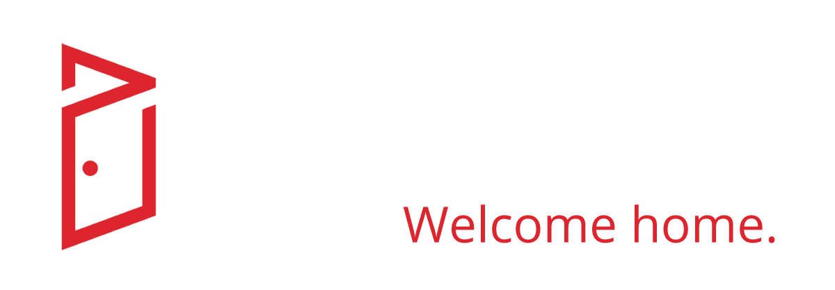 Red door icon with “Welcome home.” text on a white background