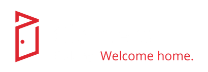Red door icon with “Welcome home.” text on a white background