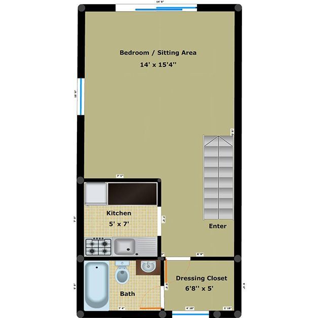 Floor plan of a small apartment with bedroom, kitchen, bath, dressing closet, and entry staircase.