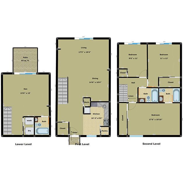Three-level house floor plan showing basement, main, and second floors with rooms labeled.