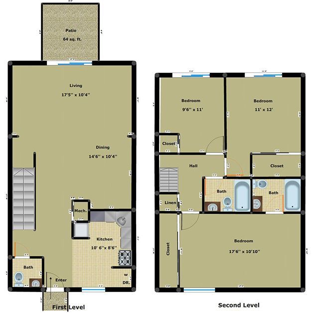 Two-level house floor plan with living, dining, kitchen, bedrooms, baths, stairs, and deck.