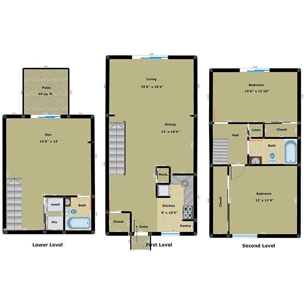 Three-level house floor plan with labeled rooms and stairs, shown in beige and black.