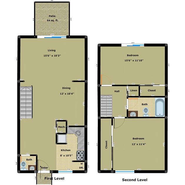 Two-floor house floor plan with living room, kitchen, bedrooms, baths, and stairs.
