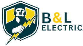 The logo for b & l electric shows a man holding a lightning bolt.