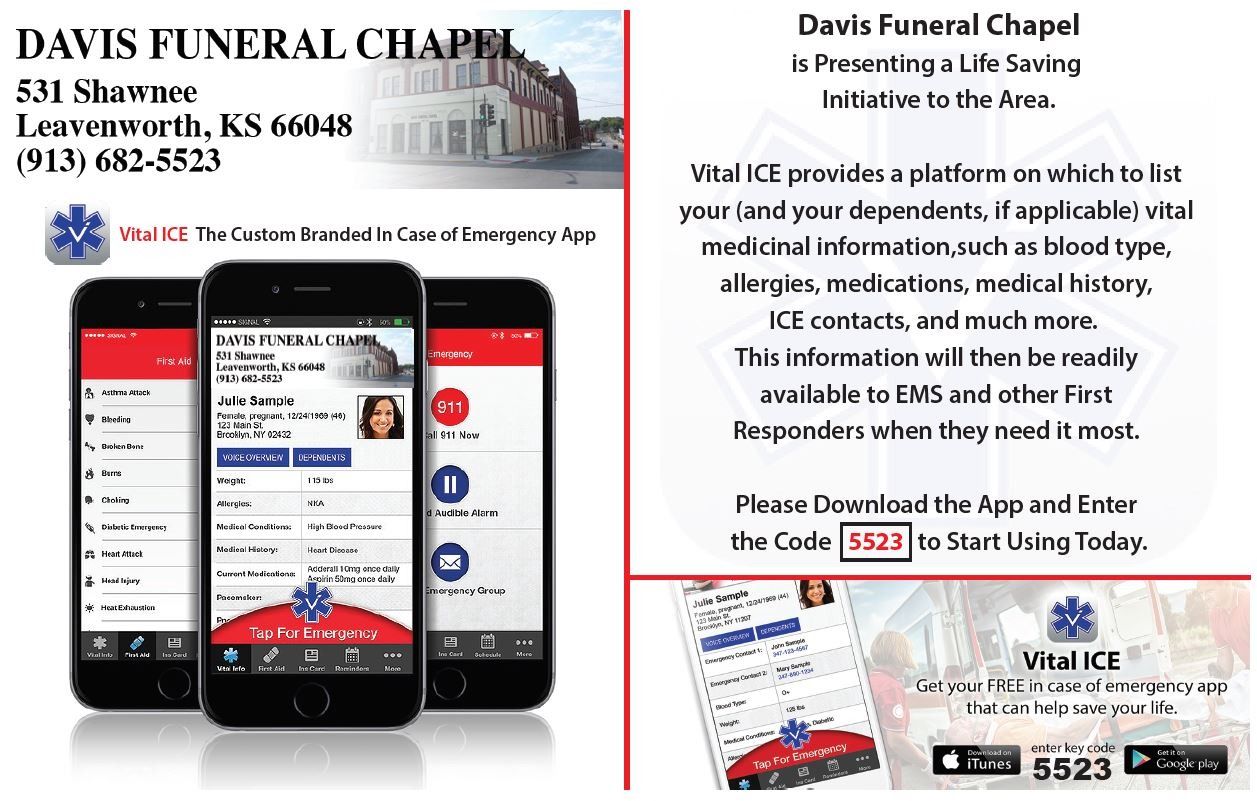 Davis Funeral Chapel Vital ICE app flyer with smartphone app screenshots and emergency contact details