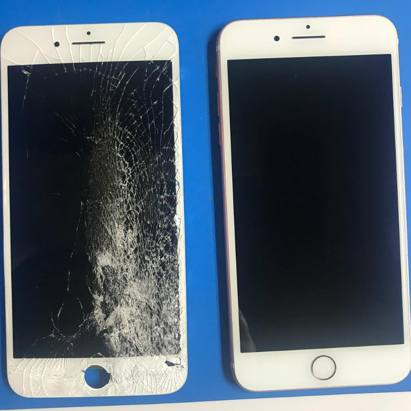 Two white smartphones side by side, one with a cracked screen and one intact, on a blue background