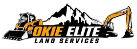 OKIE ELITE Land Services logo with orange text, mountains, a skid steer, and an excavator on white background