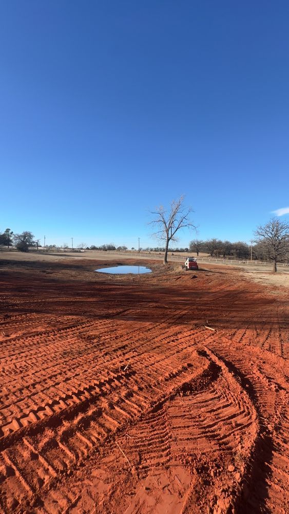 Red dirt field with tire tracks, a small puddle, and a lone leafless tree under a clear blue sky