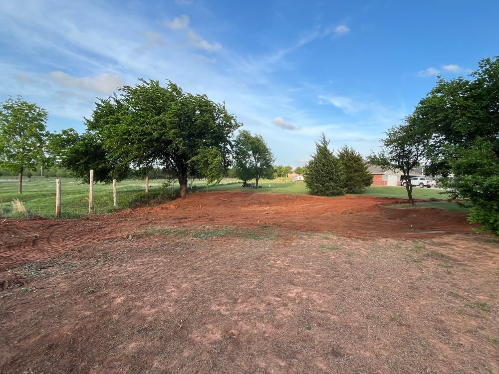 Rural dirt path between green trees and fenced fields under a bright blue sky