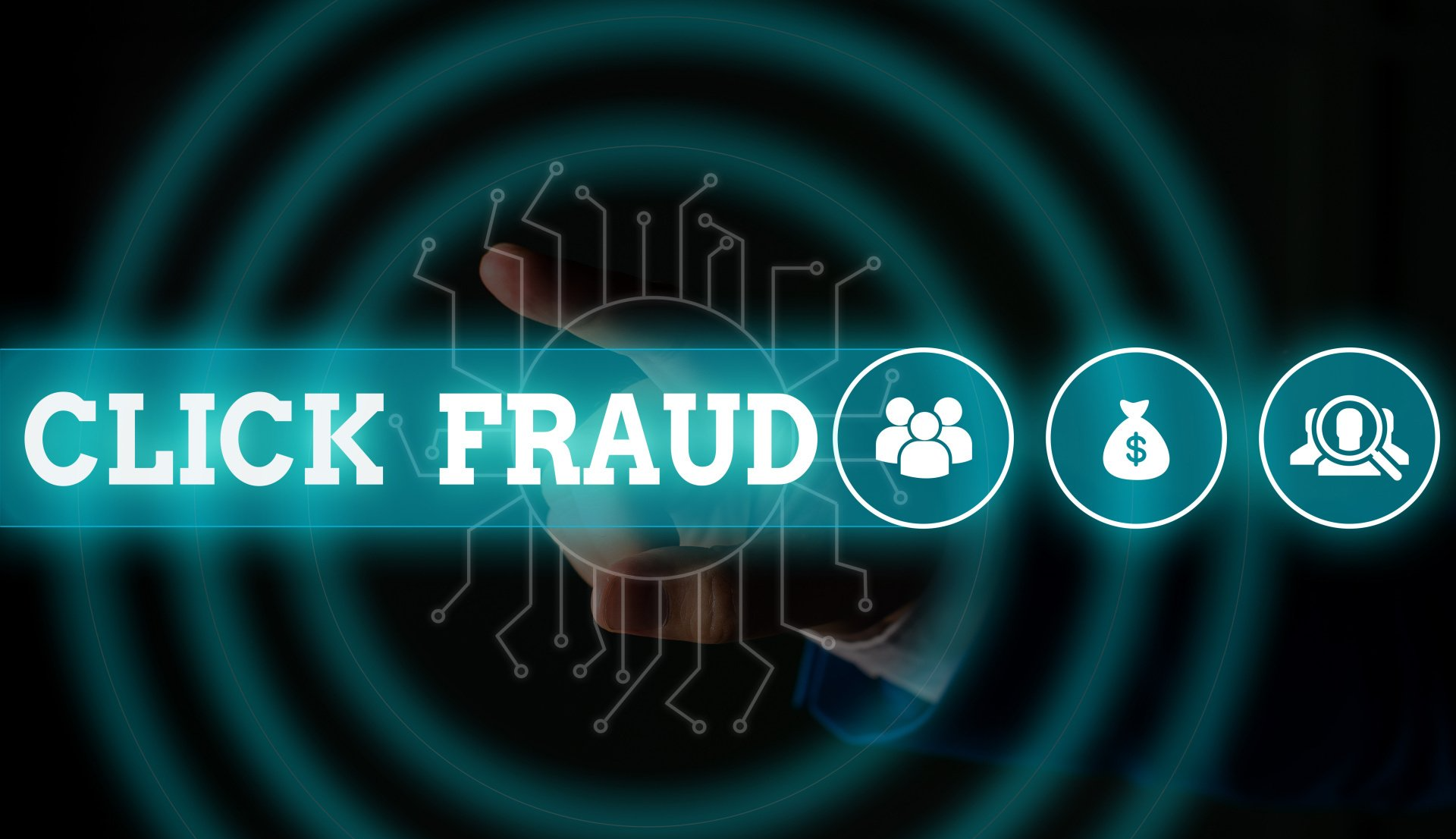 a person is looking at a screen that says click fraud .
