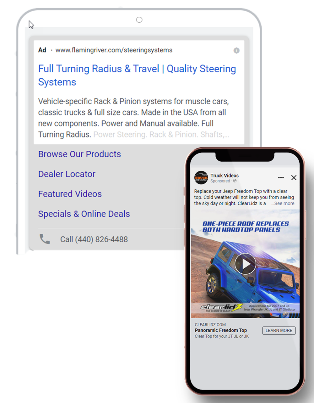 a cell phone is sitting next to a tablet with a facebook ad on it .