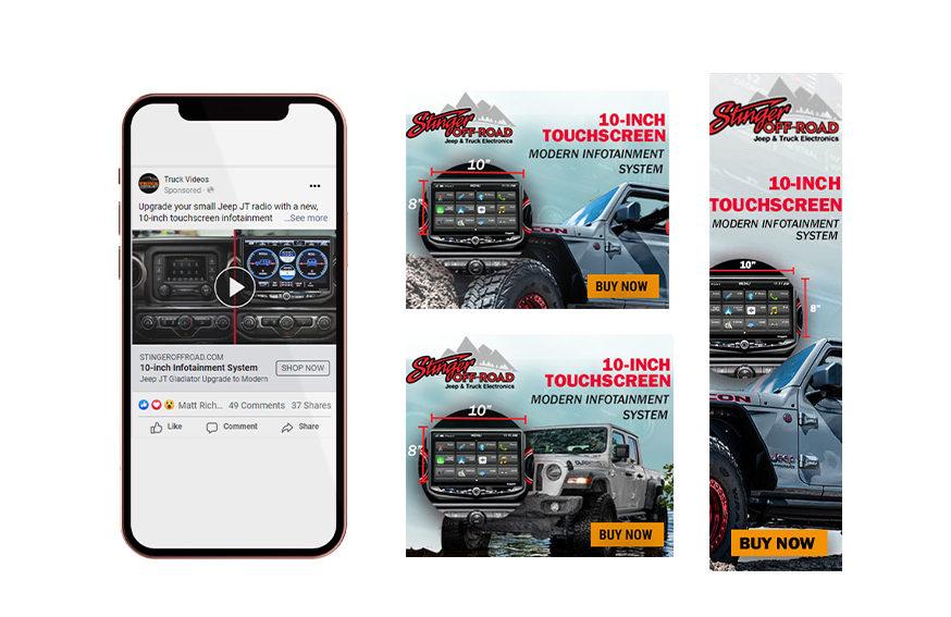 a cell phone is sitting next to three advertisements for a jeep .