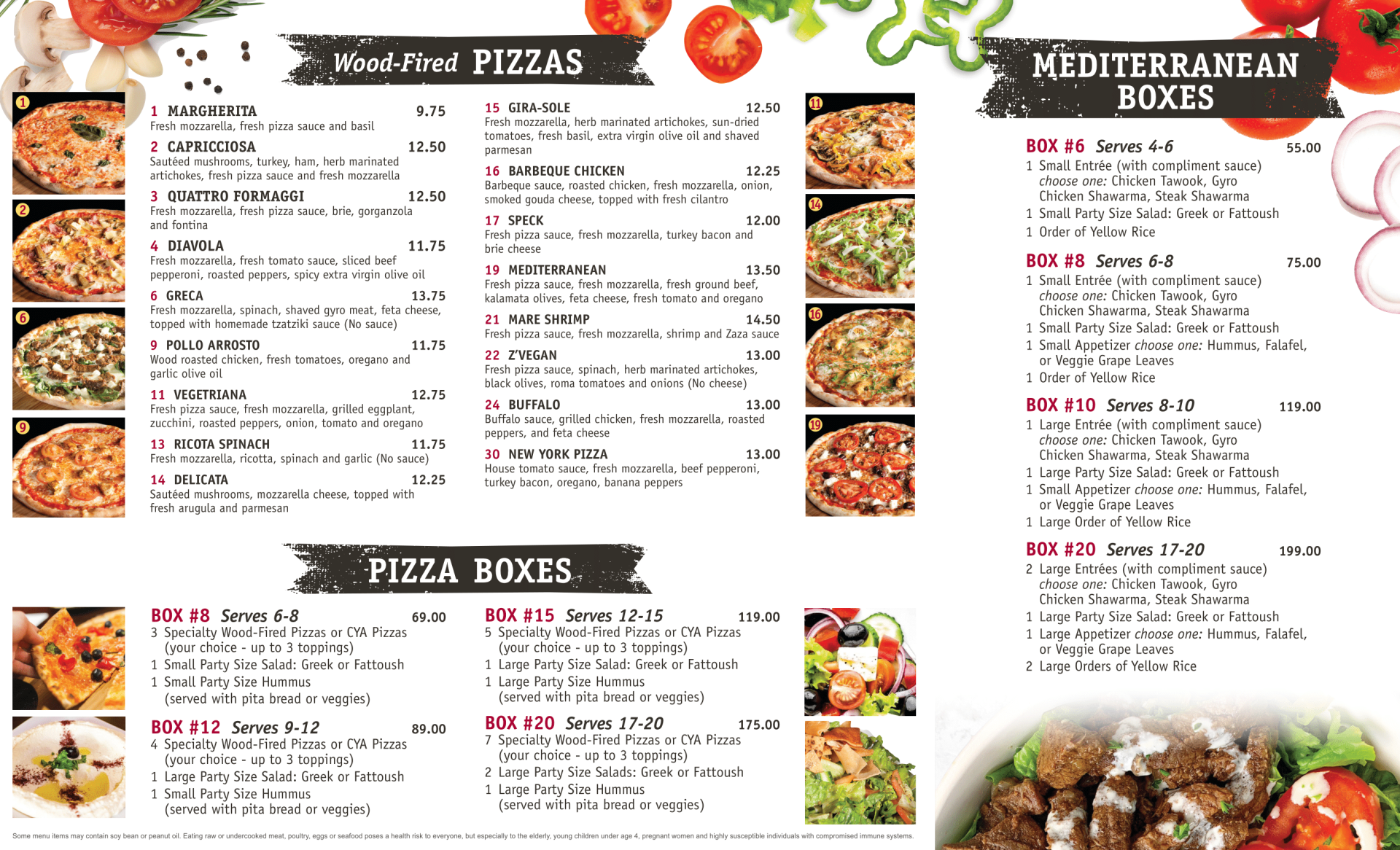 A menu for mediterranean boxes and pizza boxes