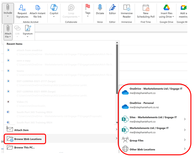 Using Old Outlook you can insert files from SharePoint by choosing Browses Web Locations