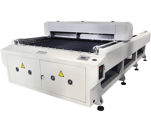 Large industrial flatbed laser cutter with a white frame and black processing surface.