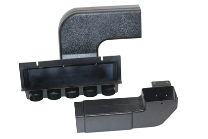 Two black plastic HVAC air duct components on a white background.