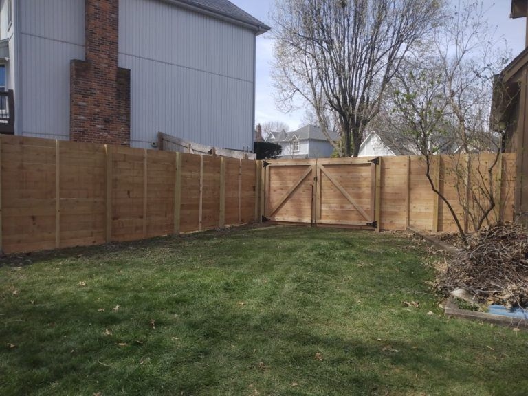 Backyard with wooden fence, gate, grass lawn, and trees under cloudy sky