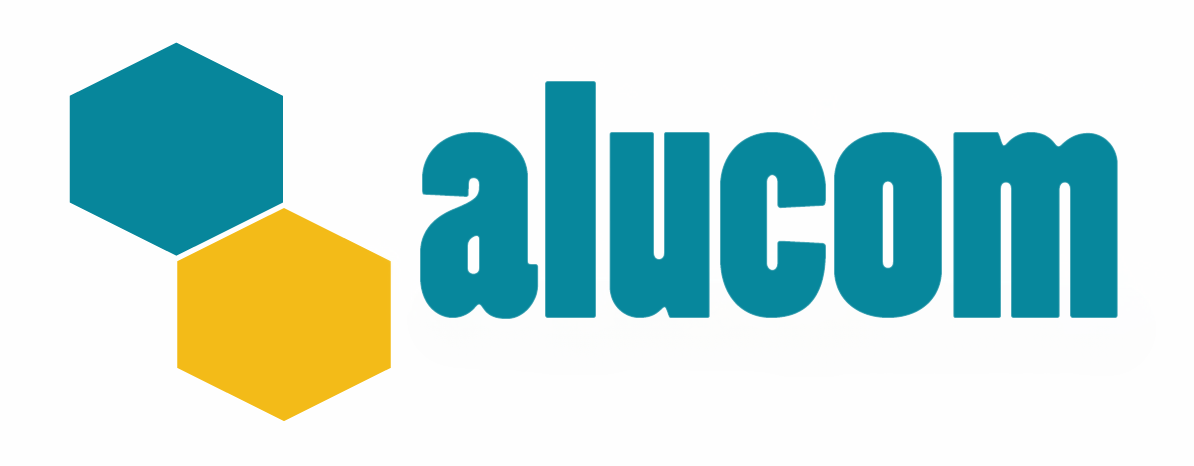Logo with teal and yellow overlapping hexagons,