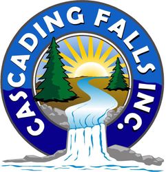 A logo for cascading falls inc. with a waterfall and trees