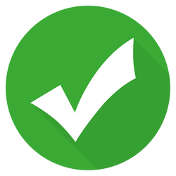 A white check mark in a green circle with a long shadow.