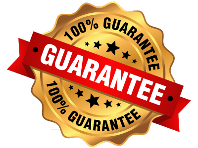 A gold seal with a red ribbon that says 100 % guarantee