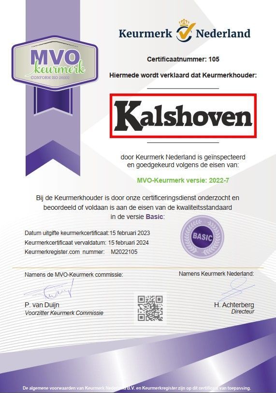Een paars certificaat met het woord kalshoven erop.