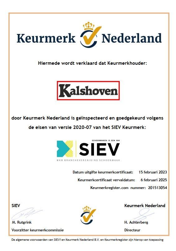 A certificate that says keurmerk nederland kalshoven siev