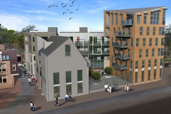 Een impressie van een nieuw appartementengebouw door een kunstenaar