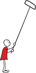 Een stokfiguur in een rode jurk houdt een lange stok vast.