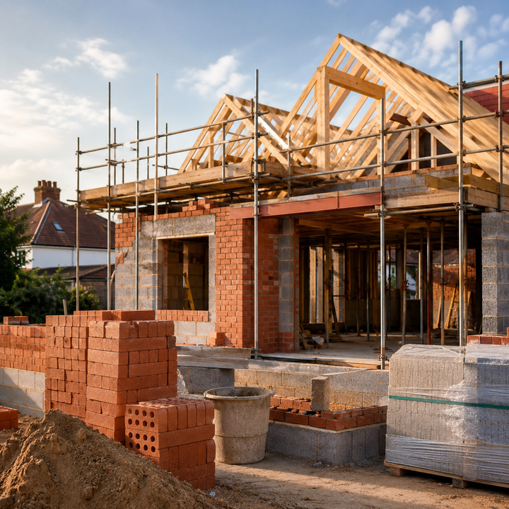 Partially built brick house with roof trusses, scaffolding, and stacks of bricks at a construction site