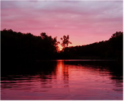 A sunset over a lake with trees in the foreground