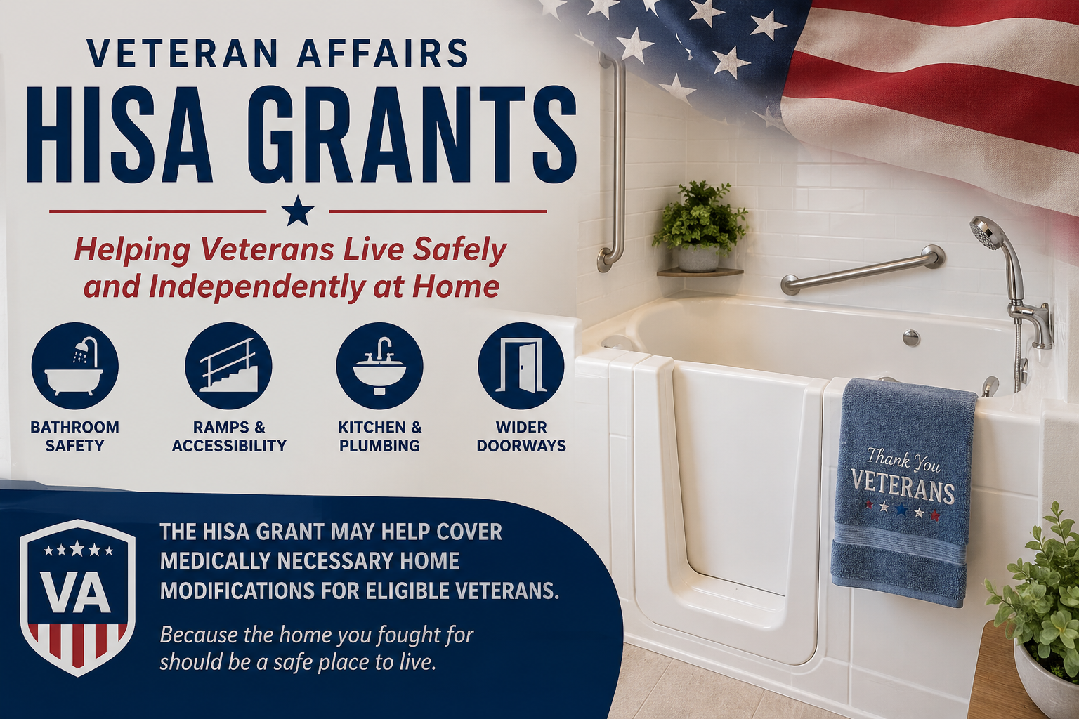 Veteran Affairs HISA grants ad showing bathroom safety upgrades and a towel with the VA logo