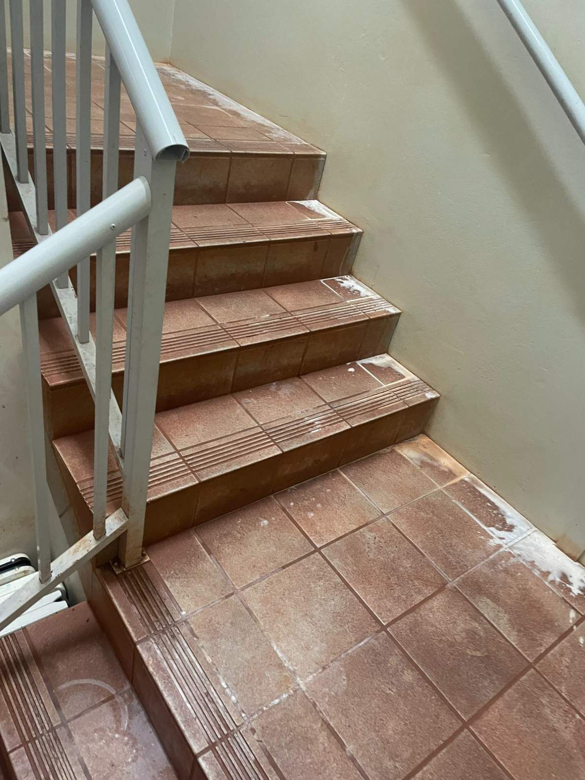 A Set of Tiled Stairs With a White Railing — Doobies Cleaning Service in Port Macquarie, NSW