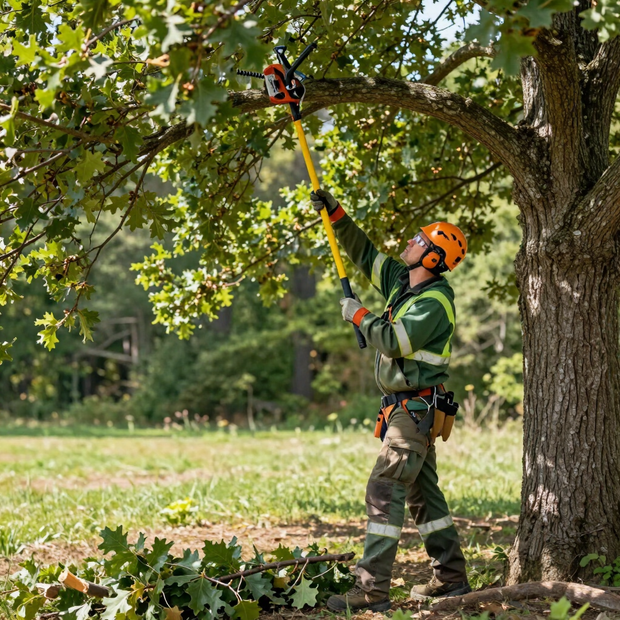 Arborist in orange helmet trimming tree branches with a chainsaw in a park