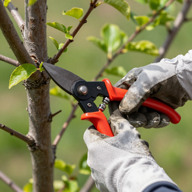 Gloved hands using red pruning shears to trim a tree branch outdoors