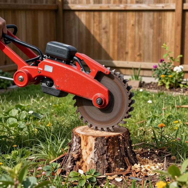 Red excavator cutting a tree stump in a grassy backyard