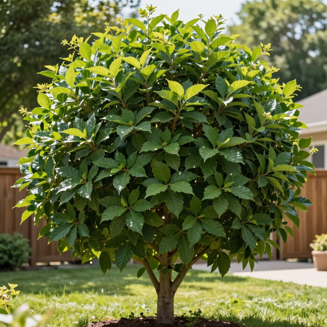 Small leafy tree in a sunny backyard with a wooden fence and house in the background