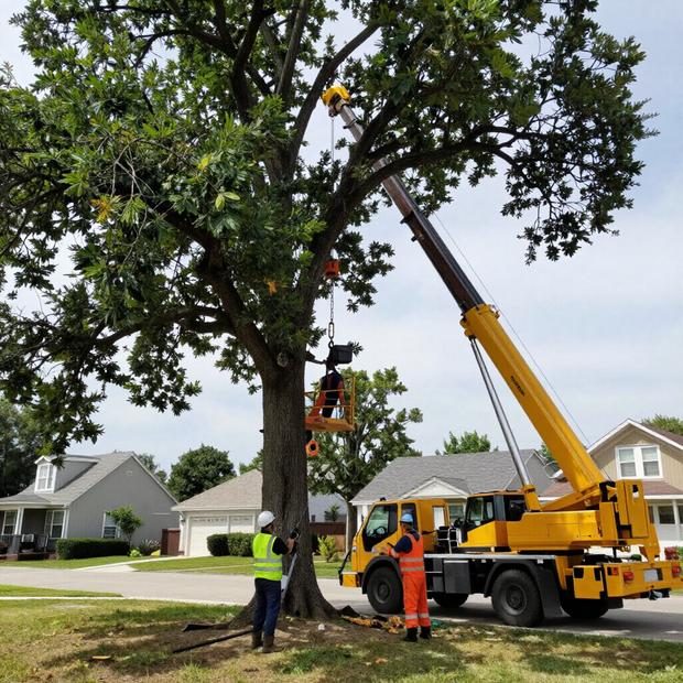 Tree workers in a yellow crane truck trimming a large tree in a suburban neighborhood