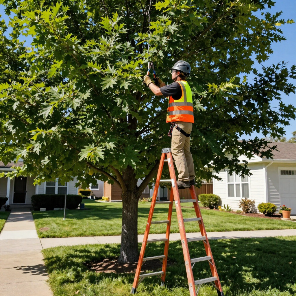Worker on ladder trimming a leafy tree in a suburban yard beside a sidewalk